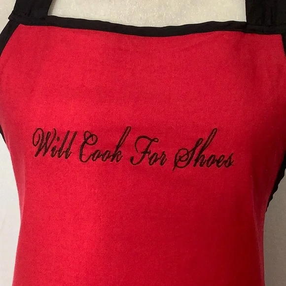 Will Cook For Shoes Embroidered Red And Black Kitchen Apron - Picture 9 of 15